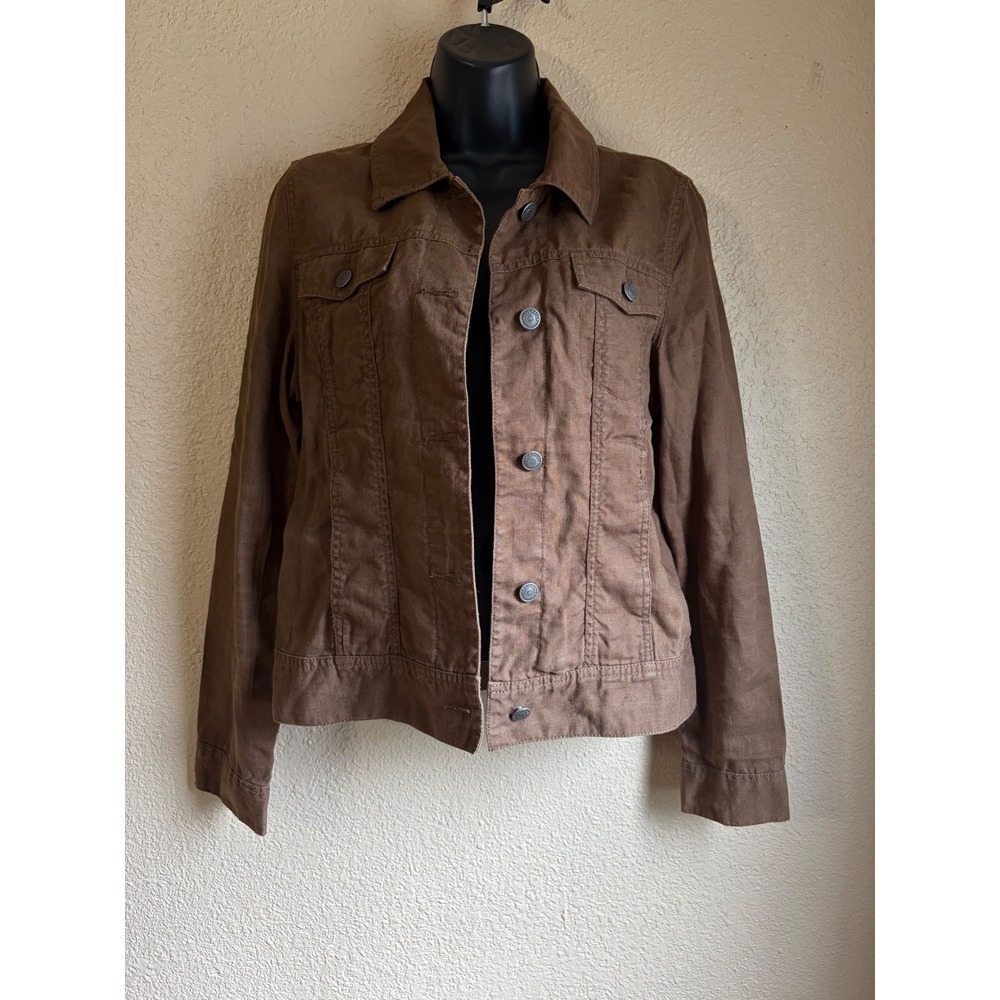 Eddie Bauer Womens M Brown 100% Linen Trucker Jacket Button Front Lightweight
